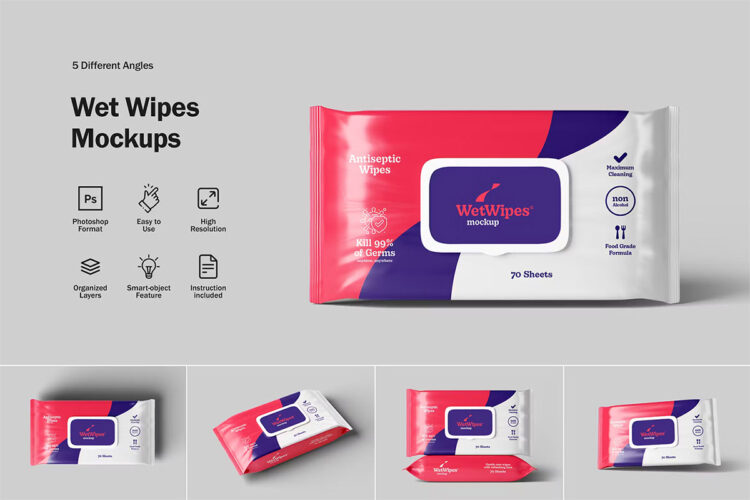 Wet Wipes Mockups  5款厨房湿巾卫生清洁湿纸巾产品包装设计ps样机素材展示效果图