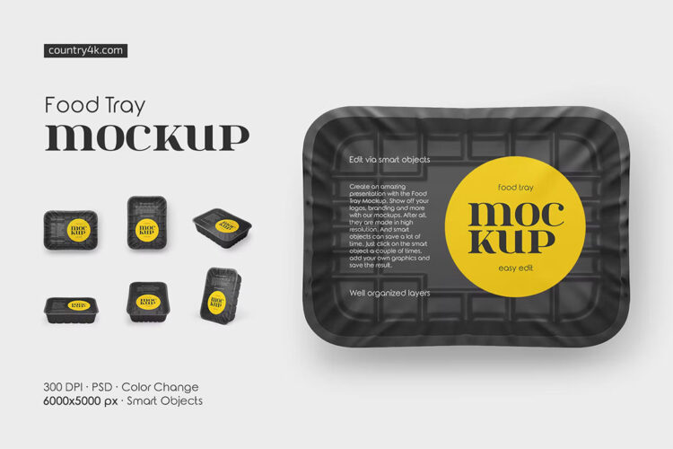 Food Tray Mockup Set 食品零售一次性塑料打包盒模型品牌logo标识设计贴图ps样机素材