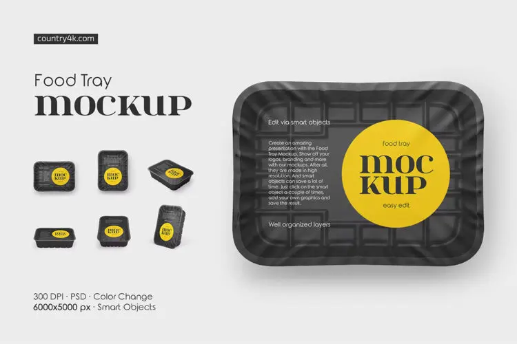 Food Tray Mockup Set 食品零售一次性塑料打包盒模型品牌logo标识设计贴图ps样机素材