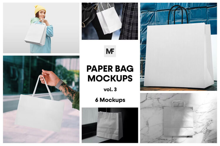 Paper Shopping Bag Mockups vol.3 纸质褶皱手提购物袋拎袋模型品牌logo标识设计贴图ps样机素材