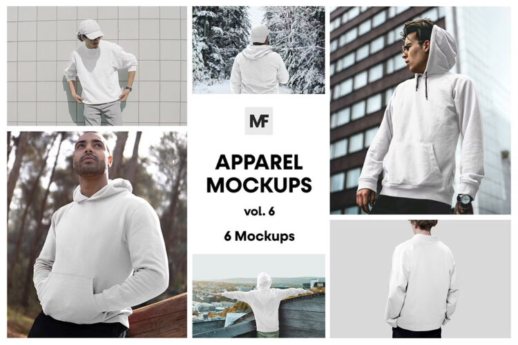 Fashion Apparel Mockups vol.6 户外男模时尚长袖连帽衫卫衣模型品牌logo标识设计贴图ps样机素材