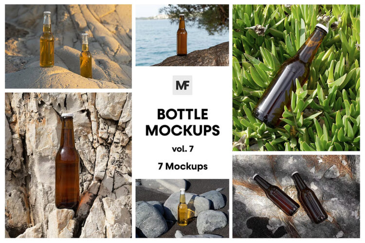 Bottle Mockups vol.6 户外岩石上的啤酒玻璃瓶模型瓶身包装设计贴图ps样机素材