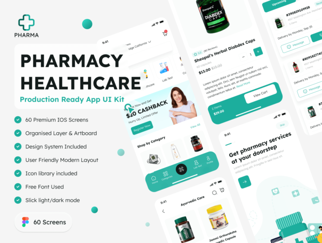 Pharmacy Healthcare App UI Kit  60屏双配色在线医疗健康保健网上药店移动用户界面app设计模板