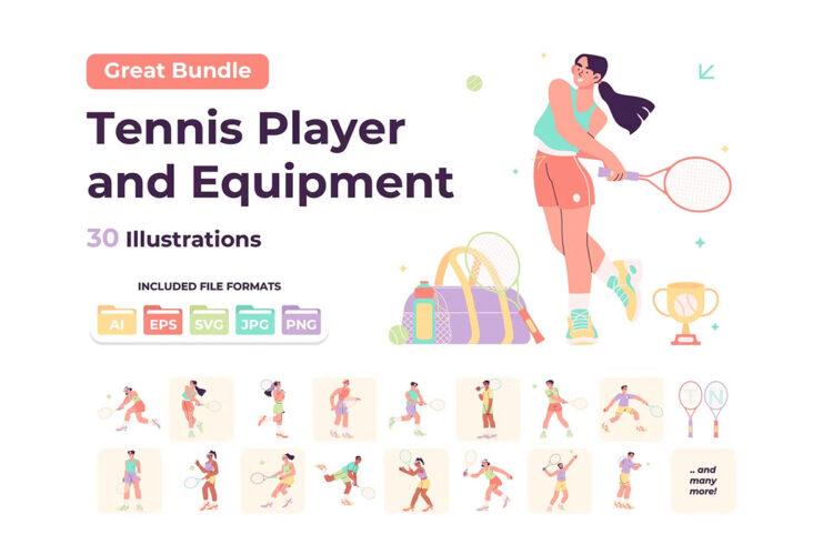 Tennis Player and Equipment Stock Illustration 网球运动竞技比赛手绘人物剪切画插图插画图片矢量设计素材