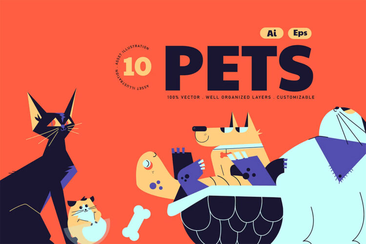 Orange Flat Design Pet Illustration Set 趣味扁平卡通动物宠物形象剪切画插图插画矢量设计素材