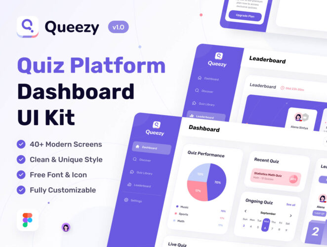 Queezy Dashboard – Quiz Dashboard UI Kit 简约通用Dashboard后台仪表盘数据图表ui界面设计素材模板源文件