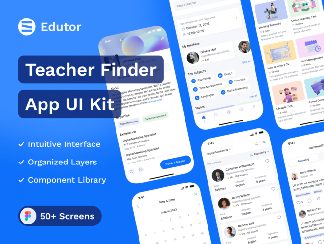 Teacher Finder Mobile App UI Kit Template  50屏在线课堂教育学习培训互动App应用ui界面设计figma模板素材