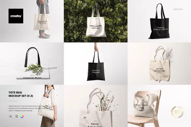 Tote Bag Mockup Set (v.3)  9款帆布包环保袋单肩托特包手提袋文创拎袋ps样机素材展示效果图