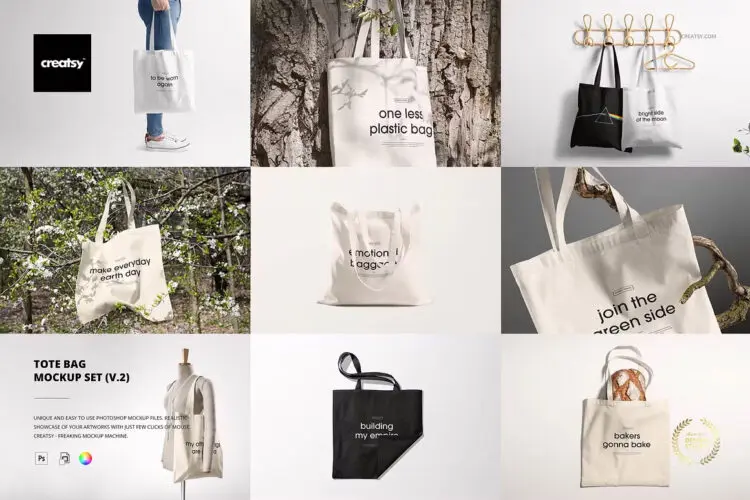 Tote Bag Mockup Set (v.2) 9款文创帆布包购物环保袋托特包手提袋拎袋ps样机素材展示效果图