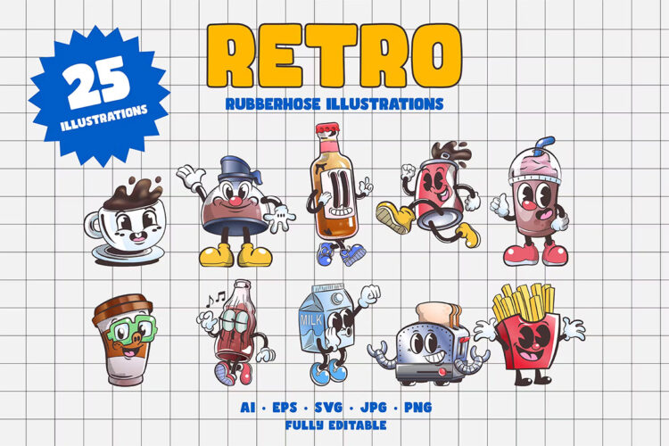Retro Cartoon Illustration  25款潮流复古美食游戏趣味卡通形象人物插图插画ai矢量设计素材