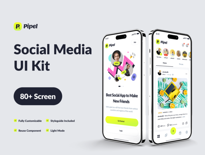 Pipel – Social Media App UI Kit  80+屏现代简约流媒体交友聊天社交应用程序APP界面设计Figma模板套件