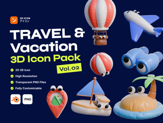 Travel & Vacation 3D Icons Vol 2  20款卡通趣味假日度假旅行3D插图图标Icons设计Bender/PNG格式素材