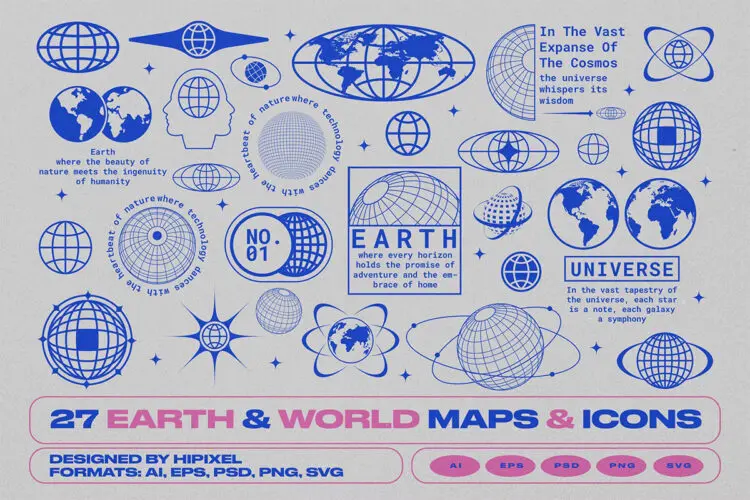 Earth & World Maps & Icons 27款科幻宇宙地球世界地图网络图标标识设计矢量设计素材