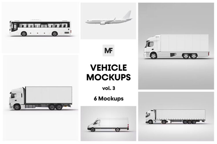 Vehicle Mockups vol.3 公交巴士集装箱货车运输车飞机模型展示设计贴图ps样机素材