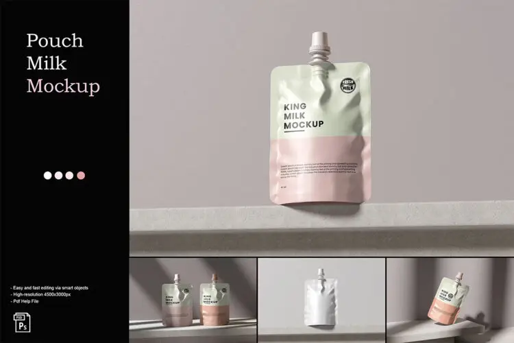 Milk Pouch Mockup 带吸嘴的果冻果汁饮料自立袋模型品牌包装设计贴图ps样机素材