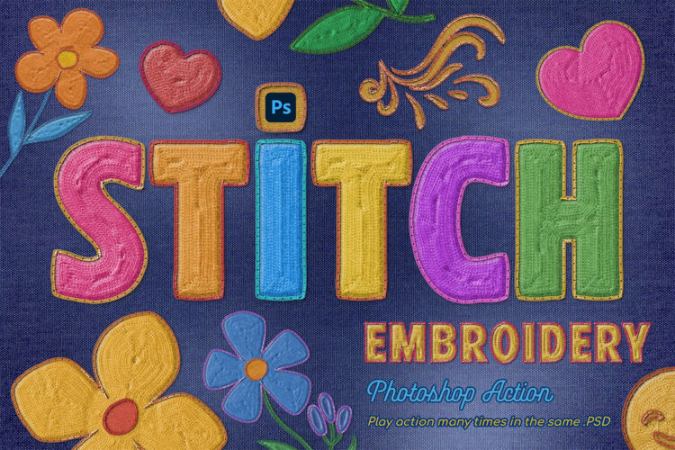 Embroidery Photoshop Action 刺绣贴纸针线补丁织物工艺ps动作插件特效模板