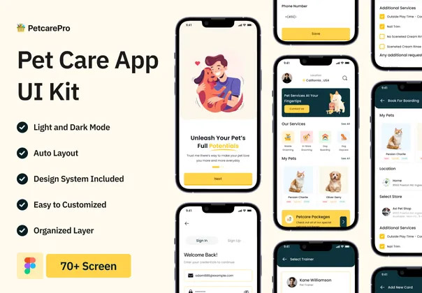 Pet Care Mobile App UI Kit  70多屏宠物护理移动应用程序 UI 套件