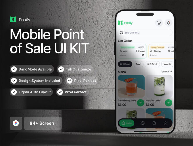 Posify – Mobile Point of Sale UI KIT  84屏餐饮美食奶茶饮料订餐配送app界面设计ui素材