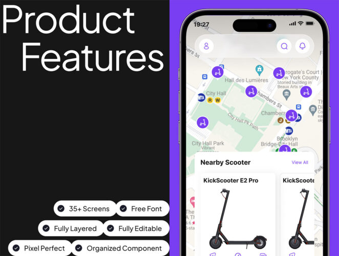 Scooter Rent App UI Kit 现代简约风格的高级踏板车租赁应用程序 UI 套件