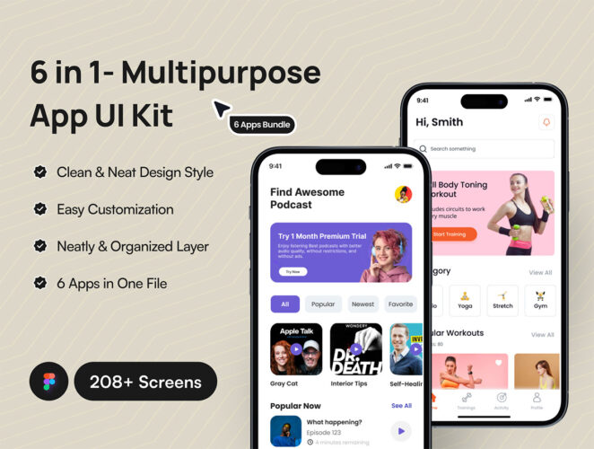6 in 1 – Multipurpose App UI Kit   208屏活动旅行健身播客求职和博客6合1多用途应用 UI 套件
