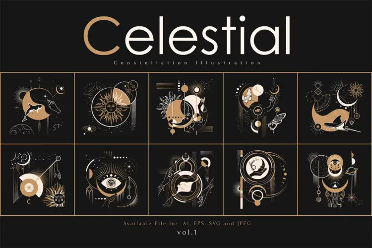 Celestial Constellation Vol.1 复古艺术神秘天体星座运势炼金占星术插图插画矢量设计素材