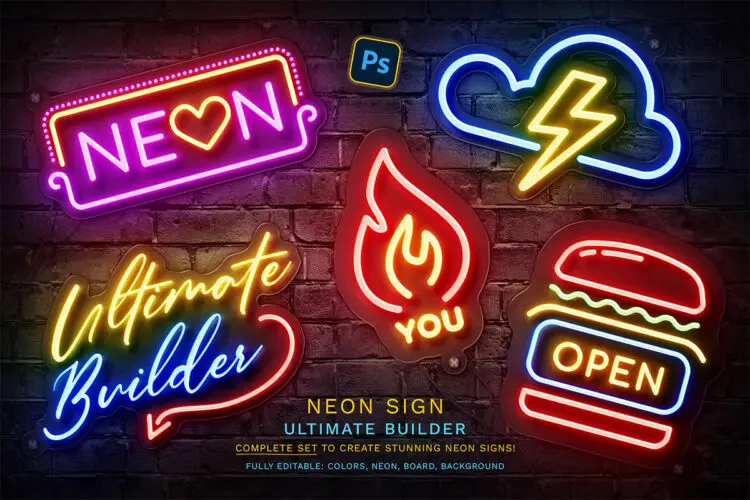 Neon Sign Ultimate Builder 自定义霓虹灯管logo商标酒吧夜店发光字led灯带ps特效样机模板