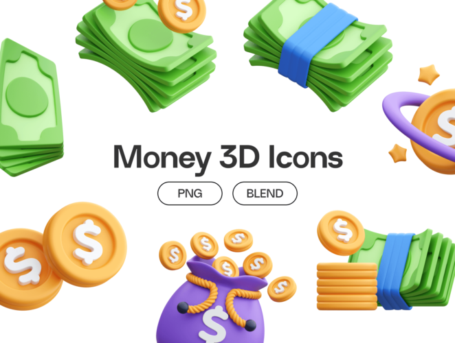 Money 3D Icons 18款金融货币交易美金纸币钱袋硬币插图插画png免抠3D图标素材