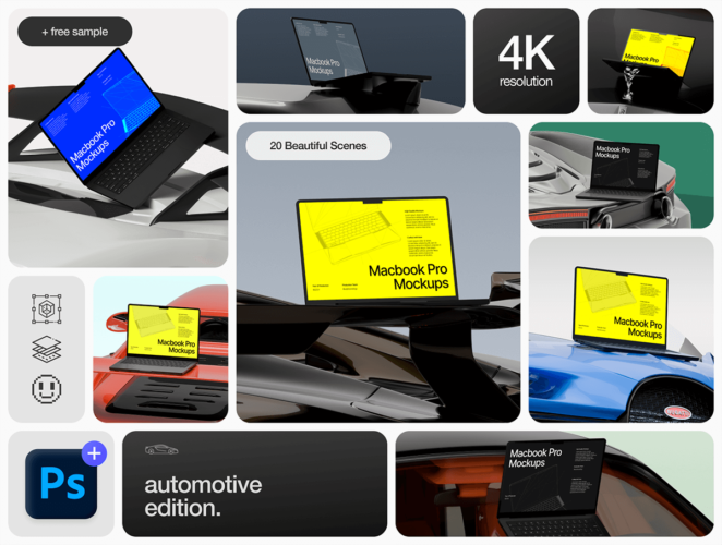 Macbook Pro Mockup Bundle 20款Macbook笔记本电脑ps样机素材超跑汽车特写场景展示效果图