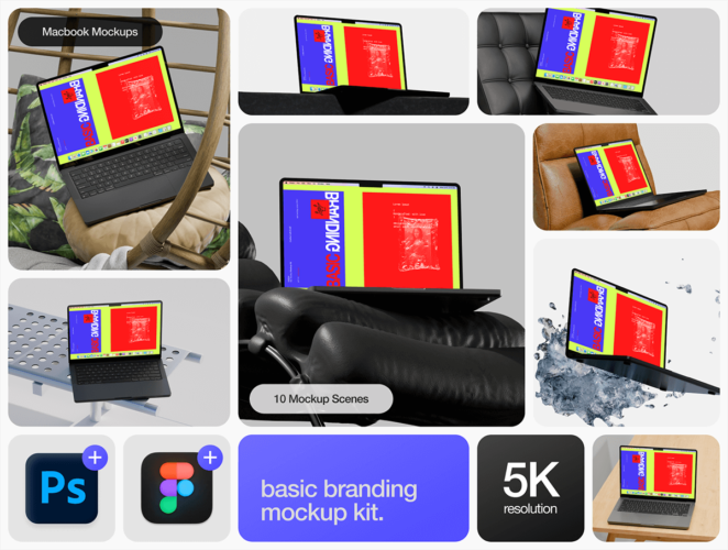 Macbook Pro Mockups – Basic Branding Mockup Kit 10款Mackbook笔记本电脑网页ui界面设计ps样机素材作品展示效果图