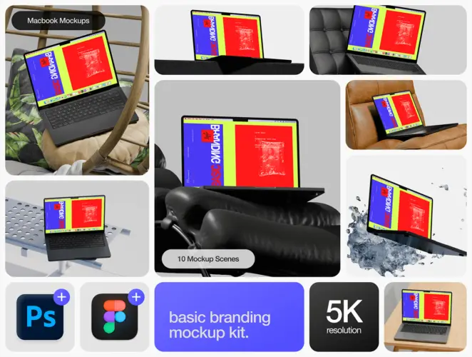 Macbook Pro Mockups – Basic Branding Mockup Kit 10款Mackbook笔记本电脑网页ui界面设计ps样机素材作品展示效果图