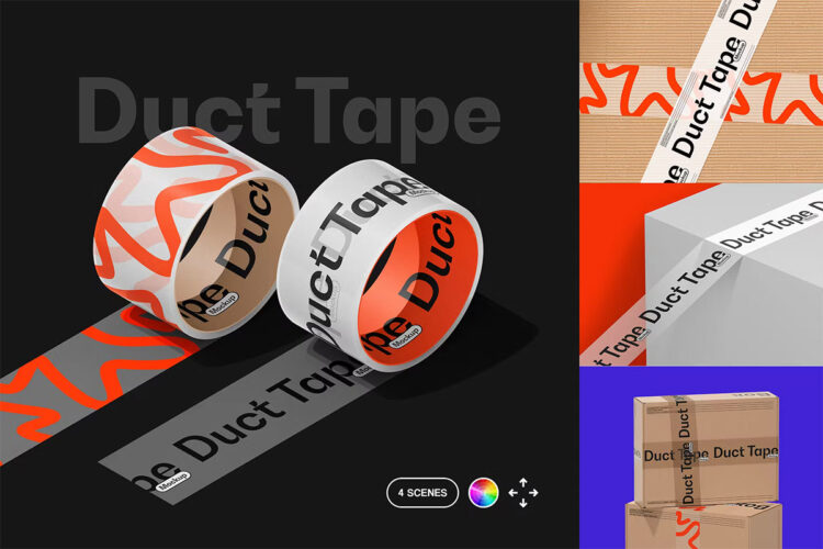 Duct Tape & Box Mockups 4款时尚快递品牌VI设计包装纸盒胶带展示效果图PSD样机模板素材