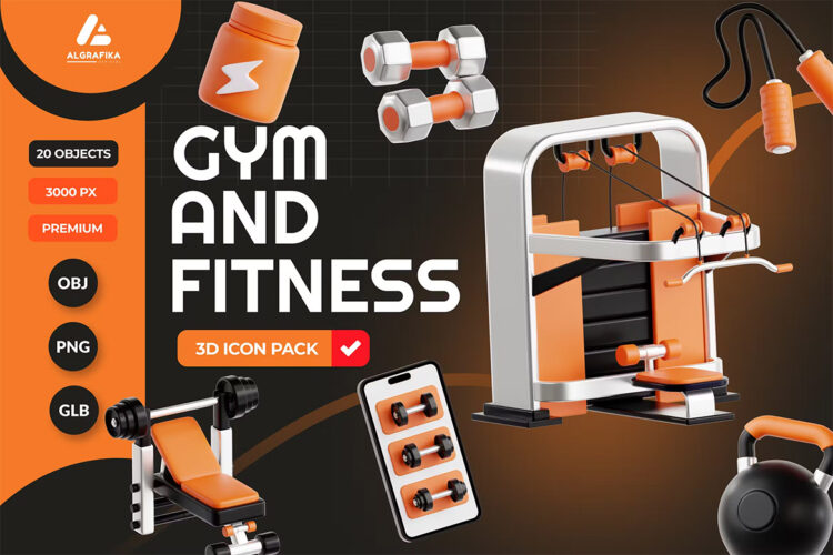 Gym and Fitness 3D Icon  20款创意健身房锻炼器材3D插图图标Icons设计PNG素材