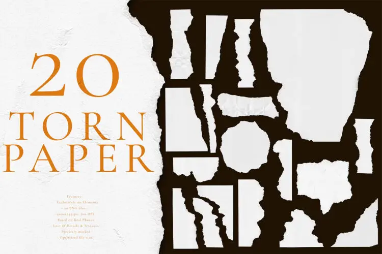 20 Isolated Torn Paper Elements, Ripped Pieces 20张碎纸拼贴撕纸撕边纸张碎片纹理背景图片webp免抠图设计素材