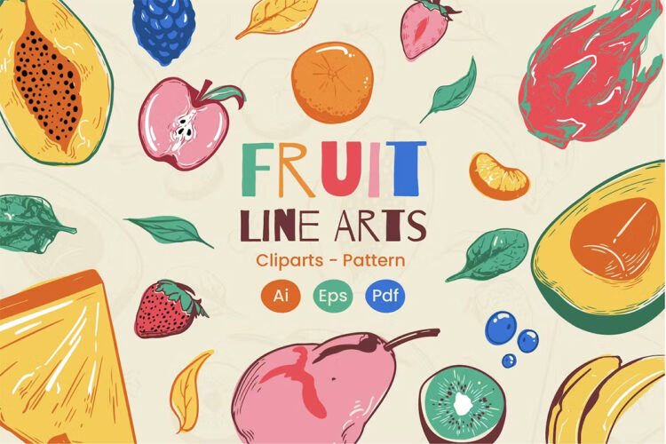 Seamless Fruit Line Art Pattern 手绘艺术水果无缝图案图片矢量设计素材