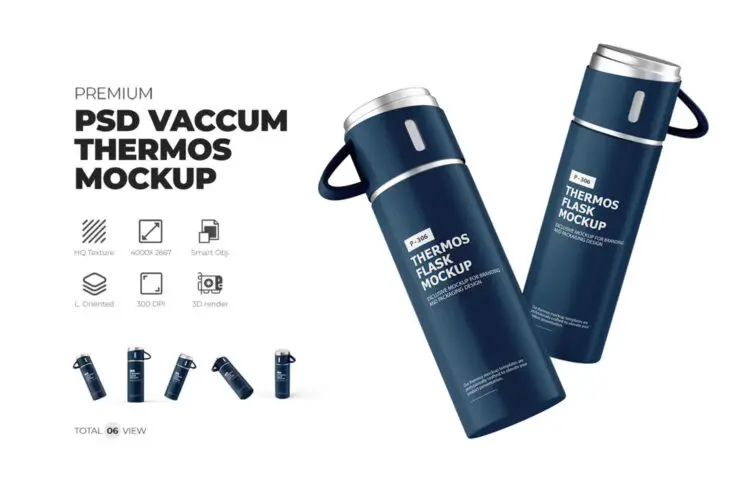 Thermos Flask PSD Mockup 6款金属保温瓶水瓶水壶模型品牌logo标识设计贴图psd样机素材模板