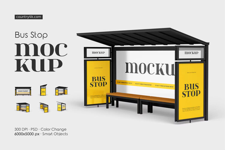 Bus Stop Mockup Set 户外公交车站台灯箱广告模型展示设计贴图ps样机素材模板