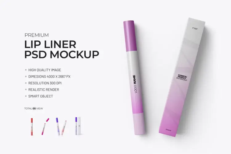 Lip Liner PSD Mockup 唇线笔包装盒模型展示品牌logo标识设计贴图ps样机素材模板