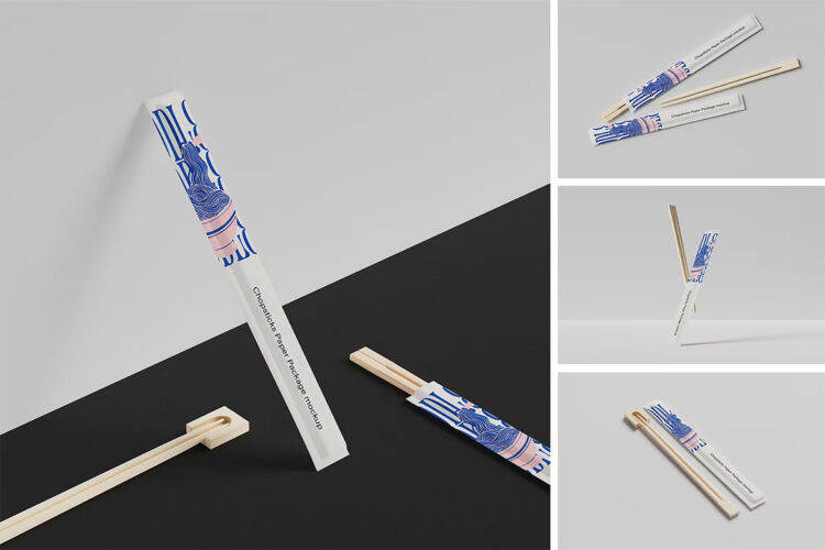 Chopsticks Paper Package Mockup 一次性筷子竹筷封套图案包装设计贴图ps样机素材国外设计模板