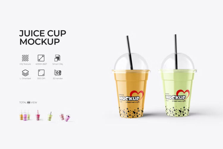 Smoothie Plastic Juice Cup PSD Mockup 一次性透明果汁饮料杯模型杯身设计贴图ps包装样机素材模板