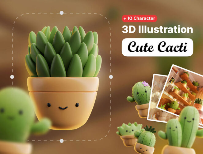 Cute cacti 3d illustrations 趣味可爱卡通仙人掌拟人3D插图插画设计素材png图片
