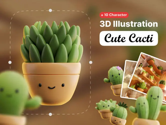 Cute cacti 3d illustrations 趣味可爱卡通仙人掌拟人3D插图插画设计素材webp图片