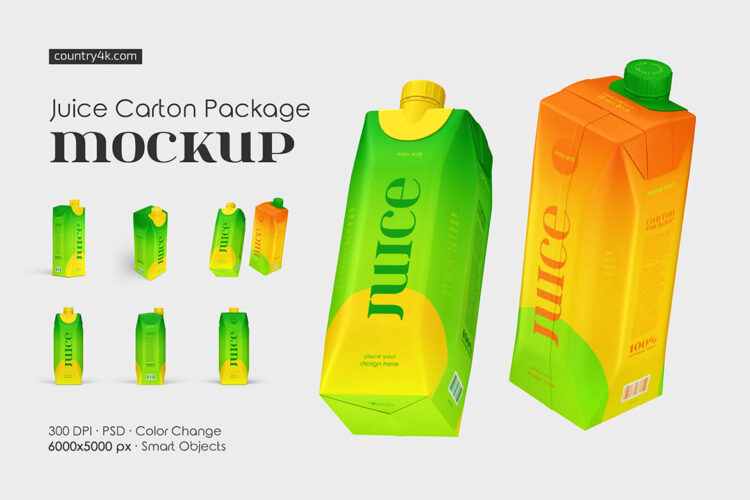 Juice Carton Package Mockup Set 牛奶果汁利乐装产品包装纸盒设计贴图ps样机素材展示效果