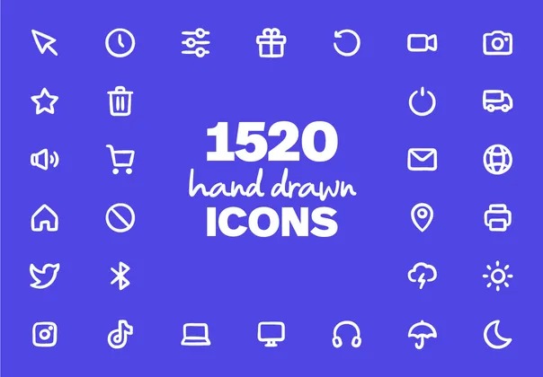 Diverently Handscript Icon Set 1520款线性轮廓手绘矢量网页app小图标icon设计素材