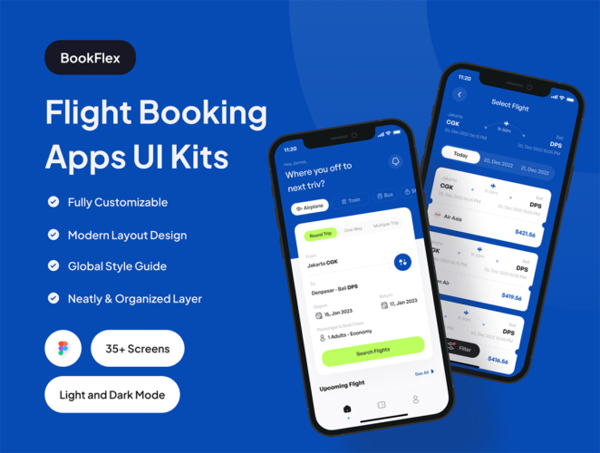 BookFlex – Flight Booking Apps UI Kit  35屏国外航班机票预订平台手机app用户界面设计ui套件模板