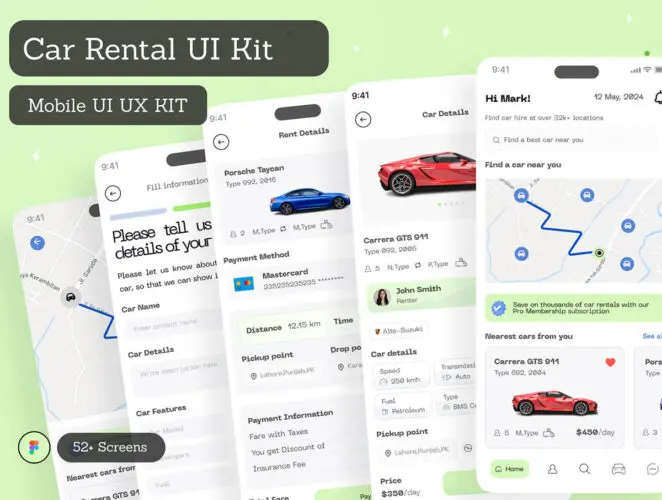 Carhive – Car Rental Mobile App UI Kit 50屏国外豪华跑车汽车二手车租赁交易移动平台手机app用户界面设计ui套件模板