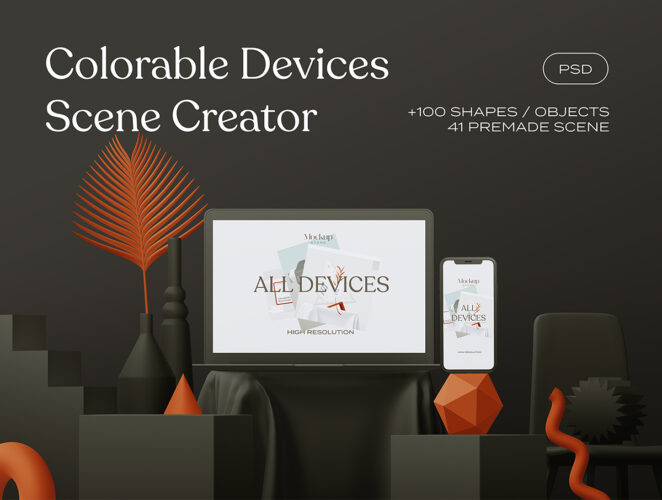 Colorable Devices Scene Creator 单色极简iPhone立体iMac几何ui界面iPad贴图ps样机素材场景展示