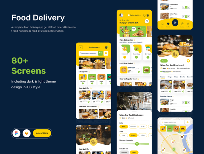 Food Delivery App  80屏美食预订外卖送餐应用美团色app界面设计明暗ui模板套件