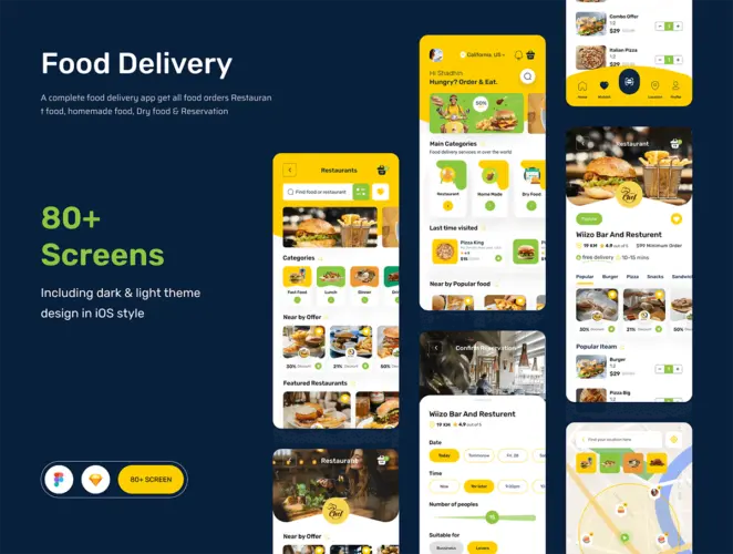 Food Delivery App  80屏美食预订外卖送餐应用美团色app界面设计明暗ui模板套件