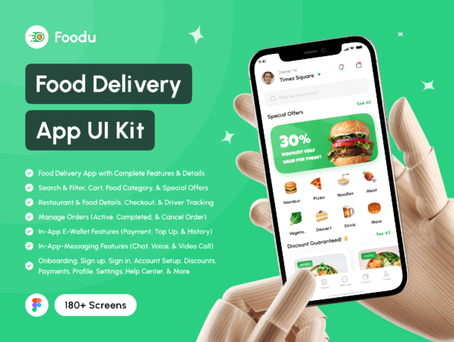 Foodu – Food Delivery App UI Kit 180屏国外高质量外卖送餐应用app界面设计素材UI套件明暗模板