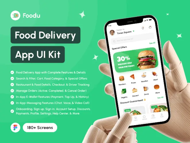 Foodu – Food Delivery App UI Kit 180屏国外高质量外卖送餐应用app界面设计素材UI套件明暗模板